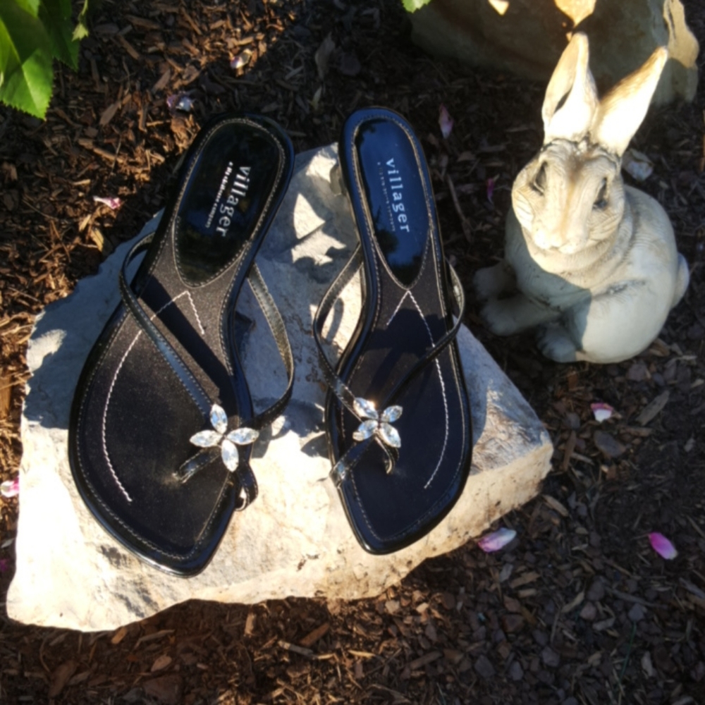 VILLAGER ♡ Gorgeous Vintage Black Patent Leather Firefly Bling 1.5" Sandals 5.5M